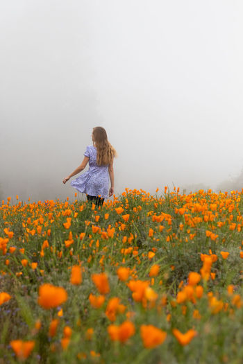 Low angle view of woman on yellow flowering plants on field against sky