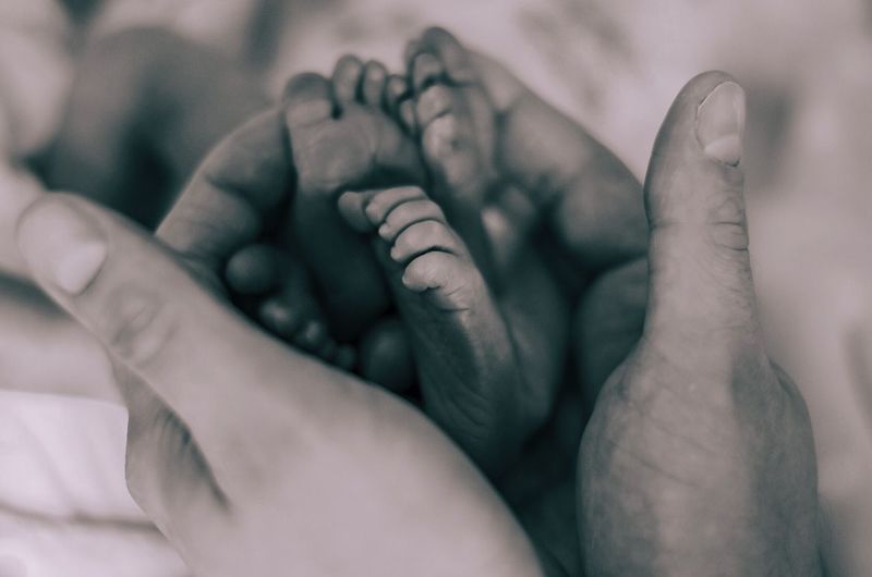 Cropped hands of father holding newborn legs