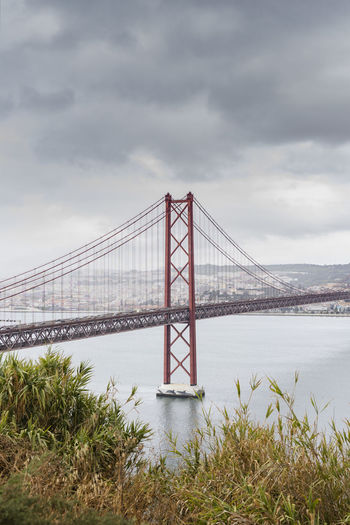 View of suspension bridge against cloudy sky in lisbon