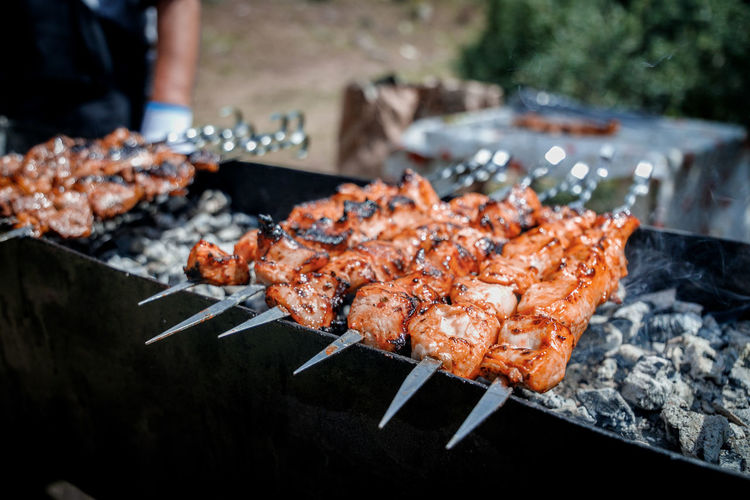 Close-up of food on barbecue grill