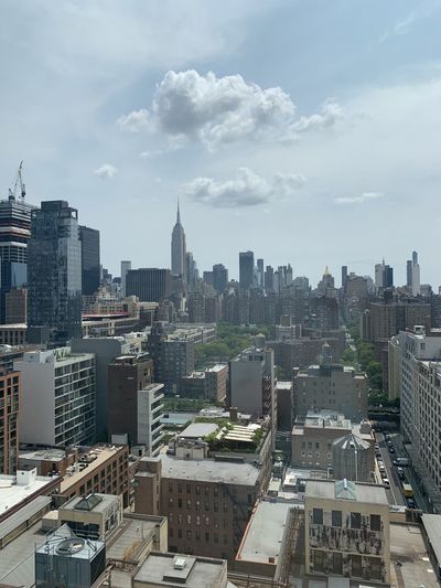 High angle view of buildings in new york city against sky