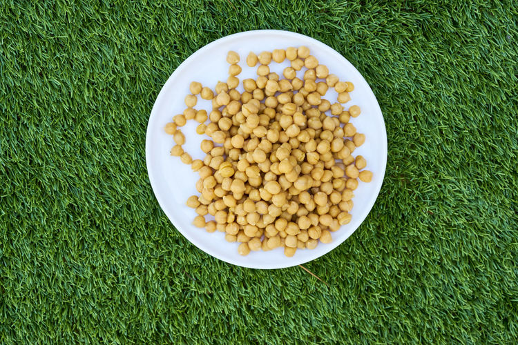 Directly above shot of chickpeas in plate on grassy field