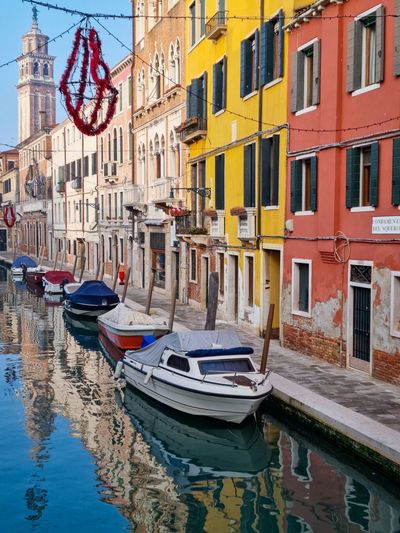 View of a venetian canal with reflections of historical buildings