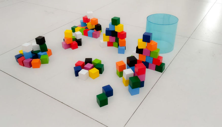 High angle view of toy blocks on floor