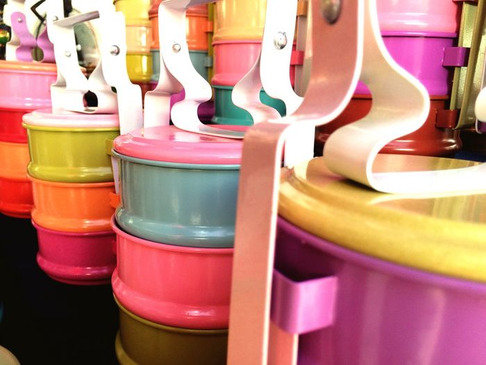 Close-up of colorful tiffin at store