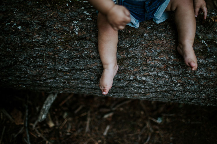 Overhead of baby feet sitting on a log