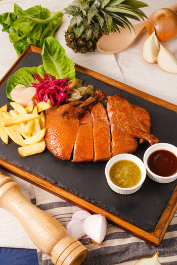 High angle view of food on table
