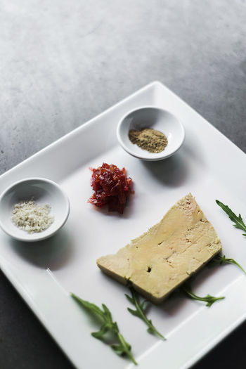 High angle view of food in plate on table