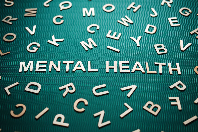 Mental health word from wooden letters. mental health text on green background with many other