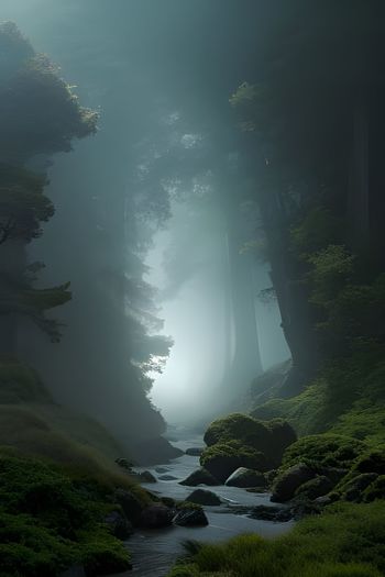 Small creek in foggy forest