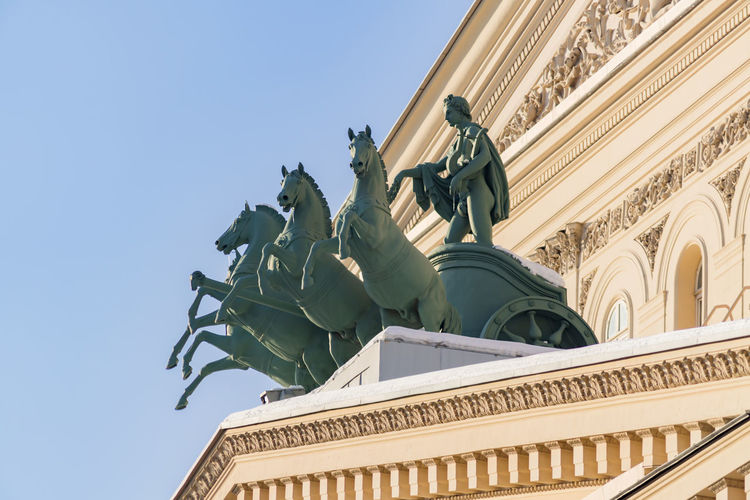 Bolshoi theater in moscow,. architectural details of a facade in a sunny day