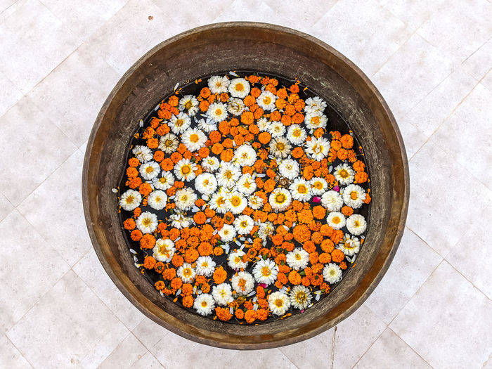 High angle view of flower heads swimming in large bowl on floor