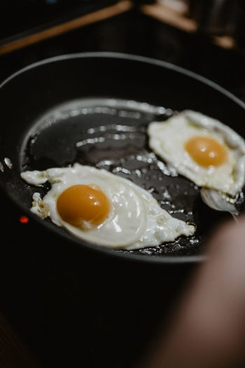 Close up of eggs in frying pan