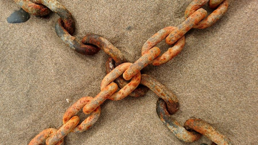Close-up of chain tied up on sand