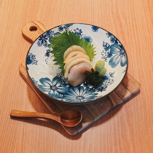 High angle view of dessert in plate on table