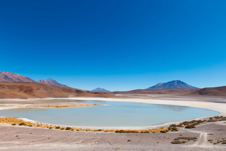Scenic view of landscape against clear blue sky