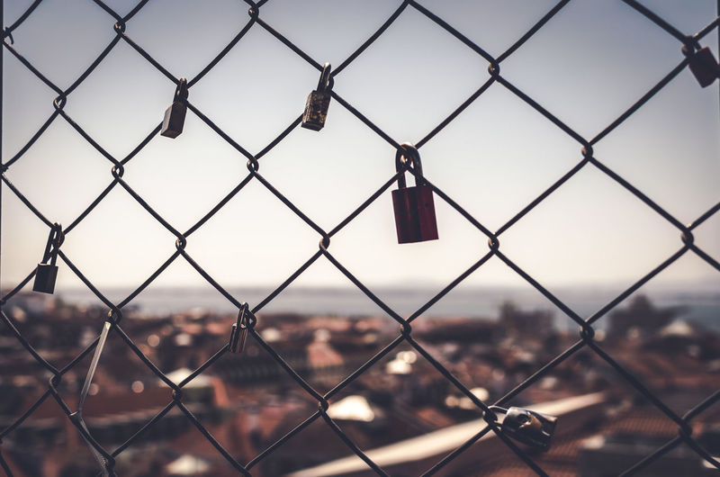 Close-up of padlock on chainlink fence
