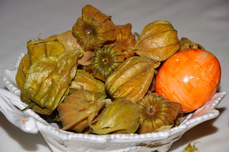 High angle view of pumpkins in plate on table