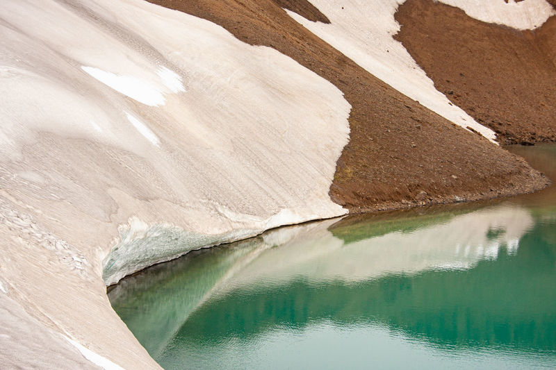 Green water in volcanic lake. dirty snow from sand settling. nothing grows here.
