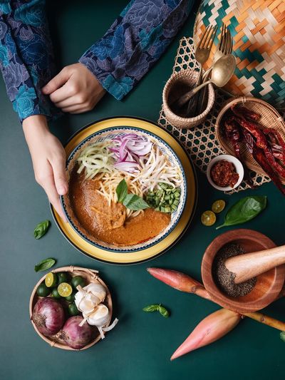 High angle view of food on table