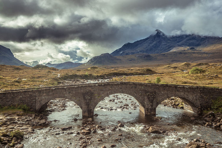 View of bridge over landscape against cloudy sky