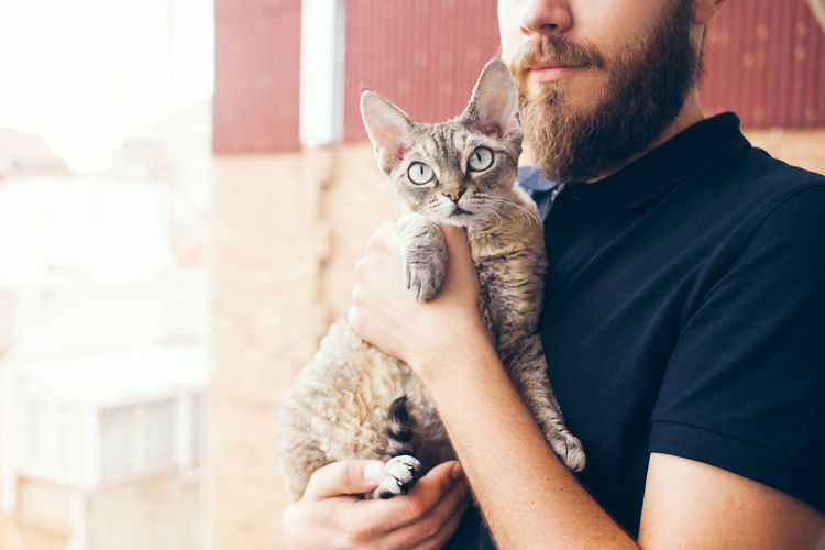 Midsection of man holding cat