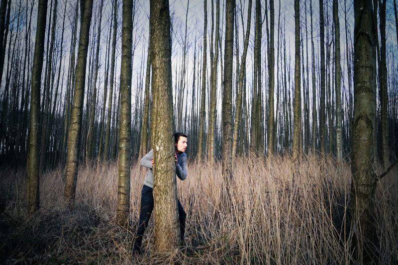 Man standing by tree in forest