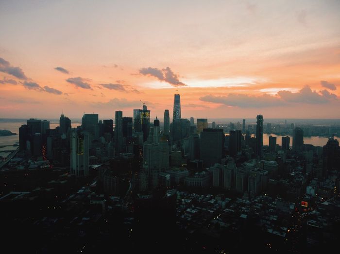 City lit up at dusk