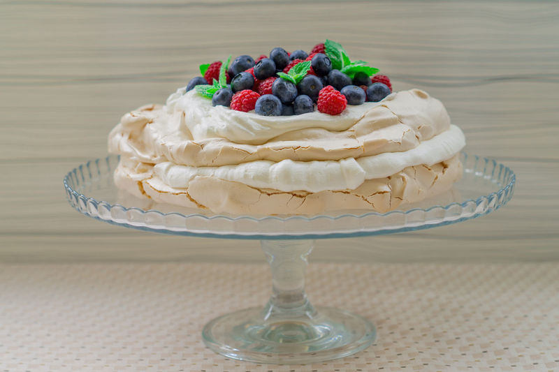 Close-up of pavlova cake on stand