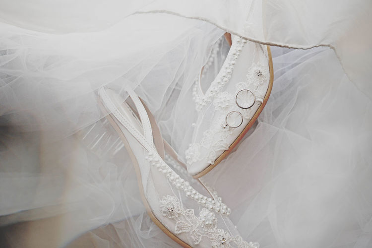 High angle view of heels in wedding preparation