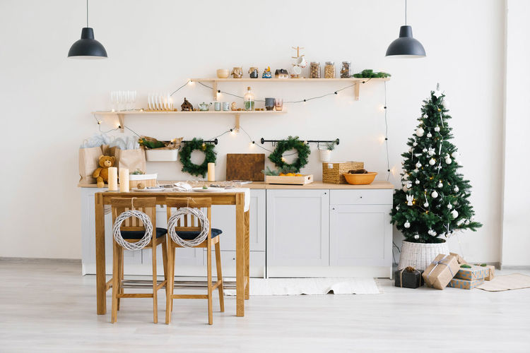 Christmas kitchen decor. the rustic kitchen for christmas. details of scandinavian cuisine 
