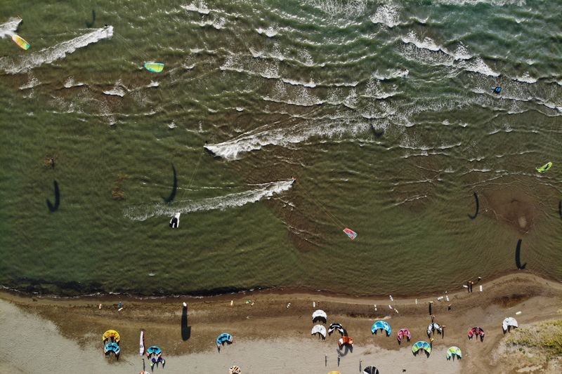 High angle view of people on shore