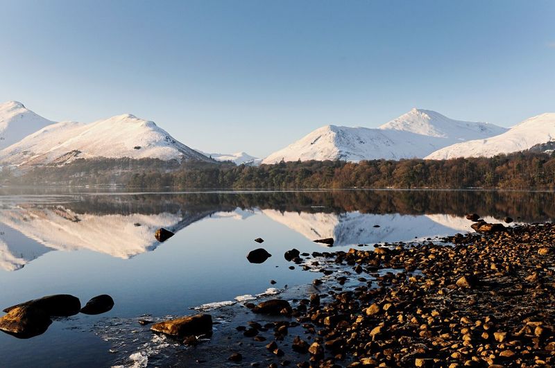 Scenic view of lake and mountains against clear sky