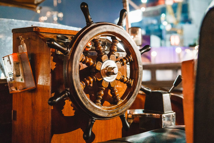 Close-up of a boat's steering wheel