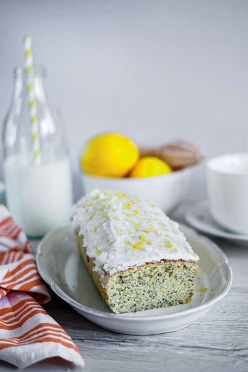 Close up of lemon and poppy seed cake 