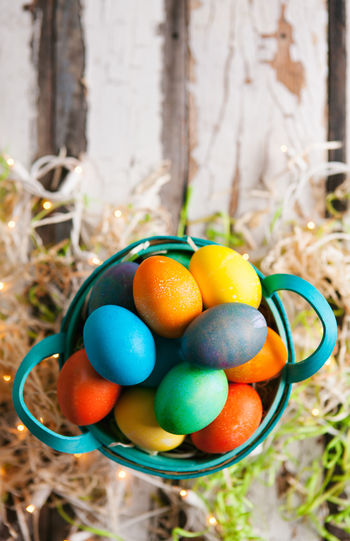 Close-up of easter eggs in container