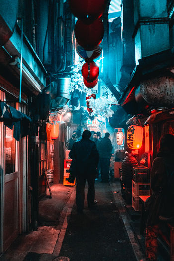 Piss Alley, Tokyo, Japan Beer Food Street Food Piss Alley Tokyo Japan Teal And Red Moody Street Photography Streetphotography EyeEmNewHere City Japan Chinese Lantern Illuminated City People Lantern Night Alley The Street Photographer - 2018 EyeEm Awards The Traveler - 2018 EyeEm Awards
