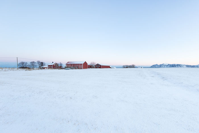 Small farm at the end of a snow covered field in winter against clear blue sky during sunrise