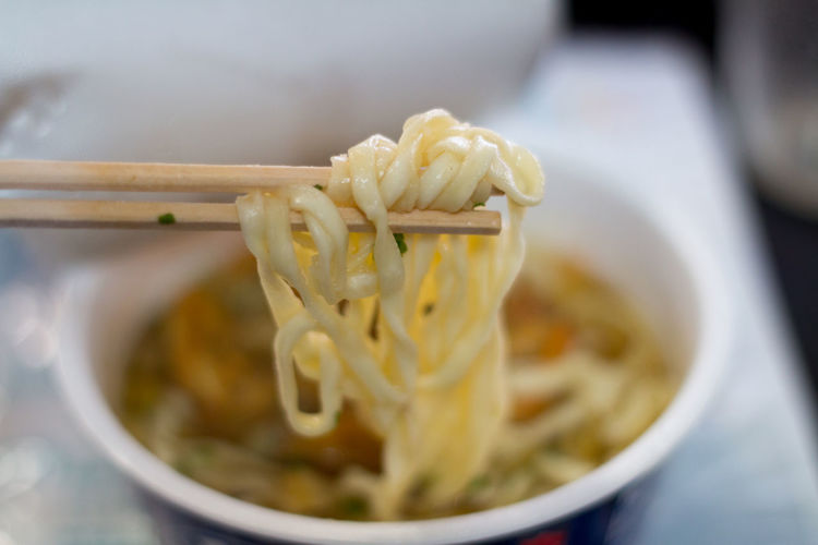 Close-up of instant udon noodles in bowl