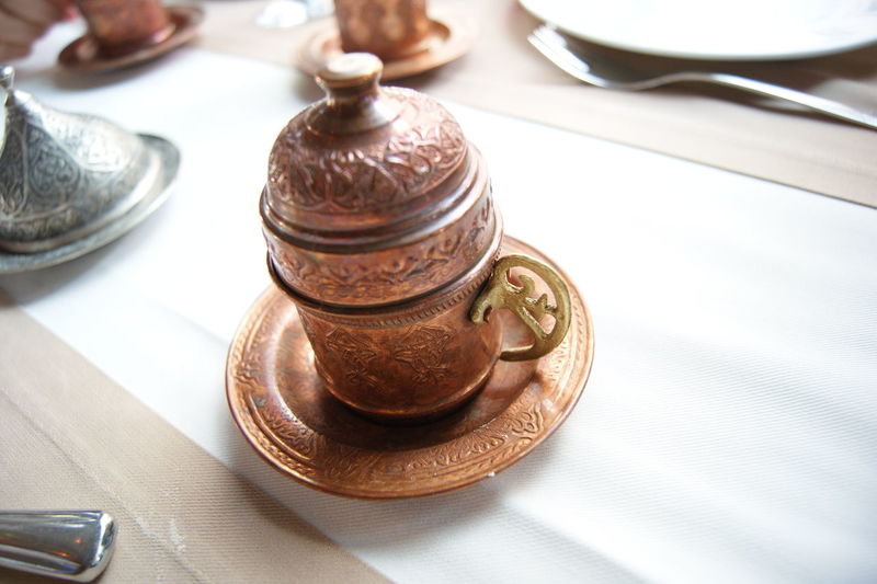 Close-up of turkish coffee served on table