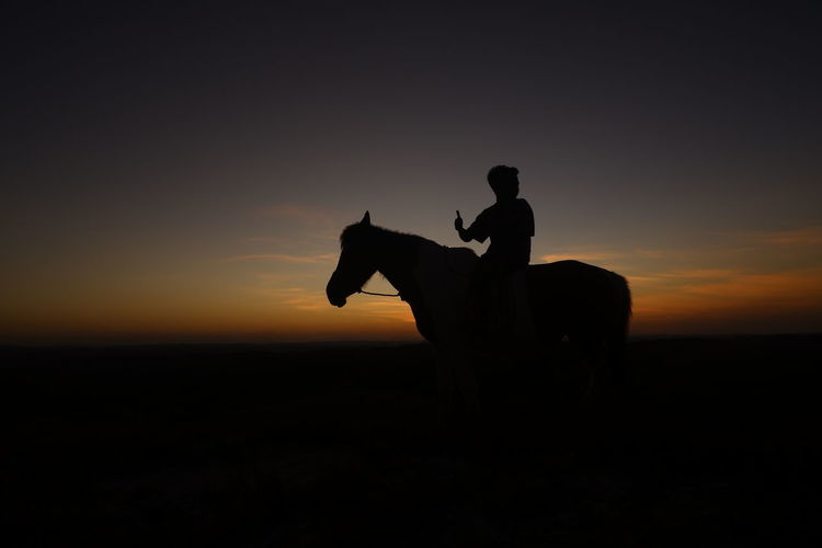 Silhouette man riding horse