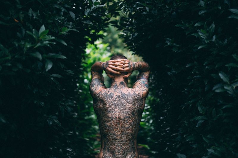 Rear view of shirtless man with tattoo standing amidst plants in forest