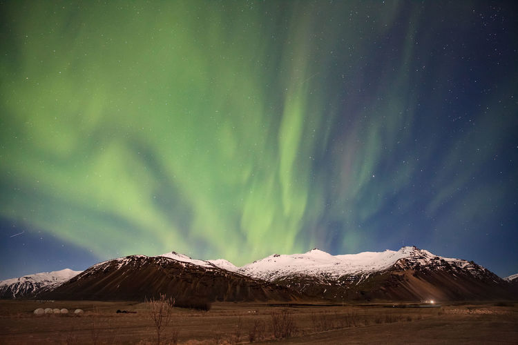 Scenic view of snowcapped mountains against aurora borealis at night
