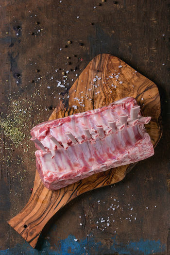 High angle view of meat in plate on table