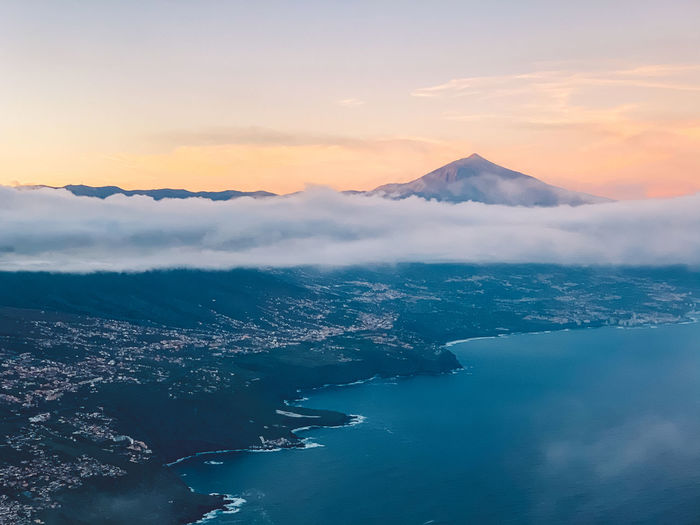 Aerial view of sea against sky during sunset