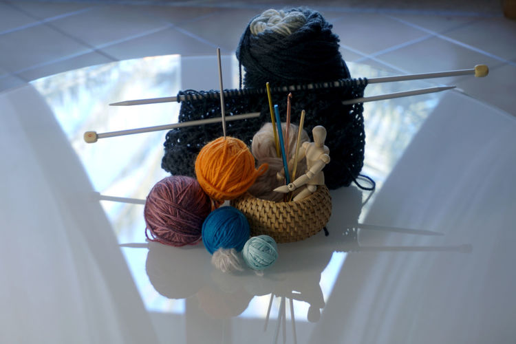 High angle view of various toys on table