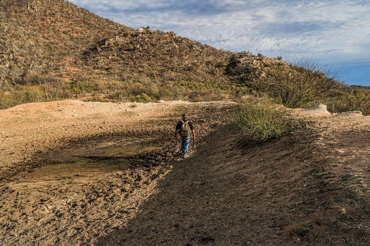 Rear view of man walking on dirt road, dry dam, drought, desert, mario cirett