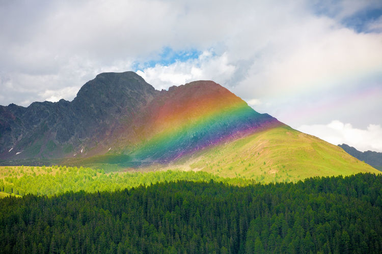 Scenic view of rainbow over mountain against sky