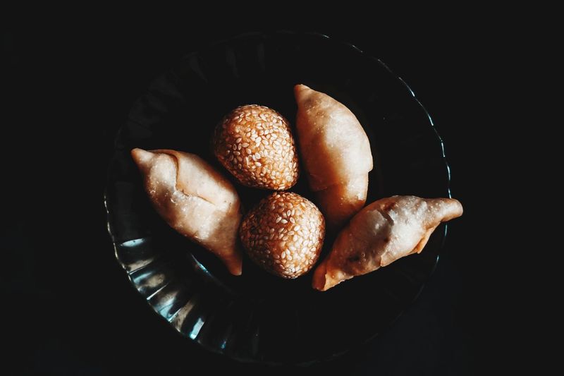 High angle view of bread in bowl