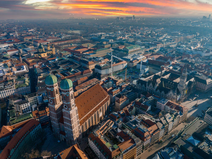 Munich aerial panoramic architecture, bavaria, germany at sunset